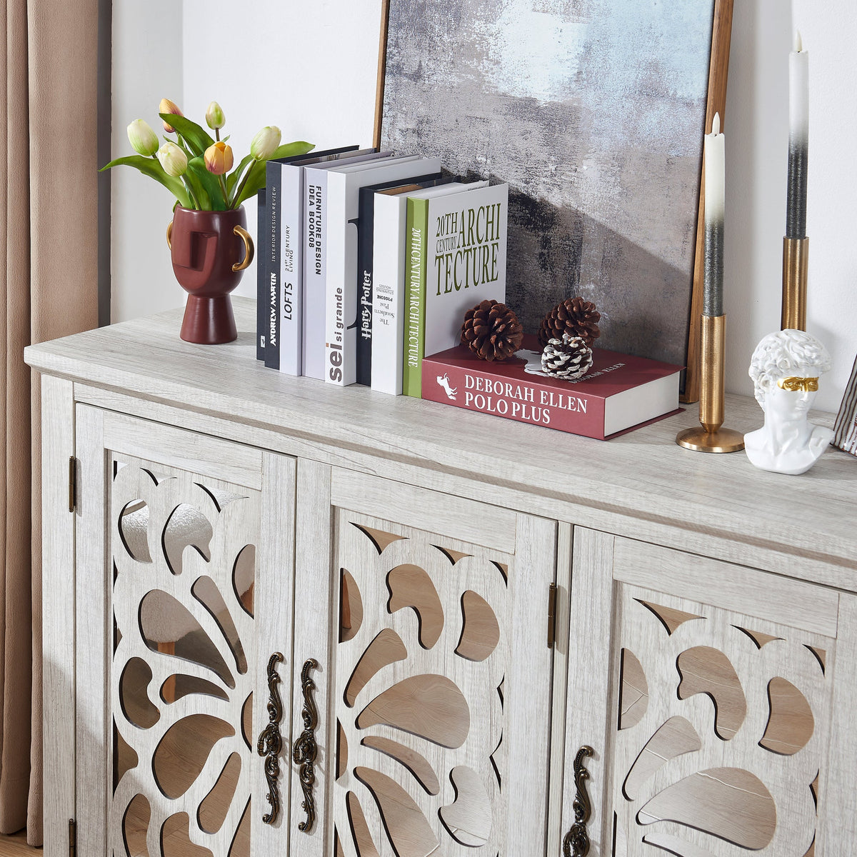 Freestanding Accent Storage Cabinet, MDF Sideboard Buffet Cabinet, Acrylic Mirror Carved Doors, Adjustable Shelf, Spacious Countertop, Anti‑Tip Straps, Easy Assembly for Living Room Hallway Kitchen