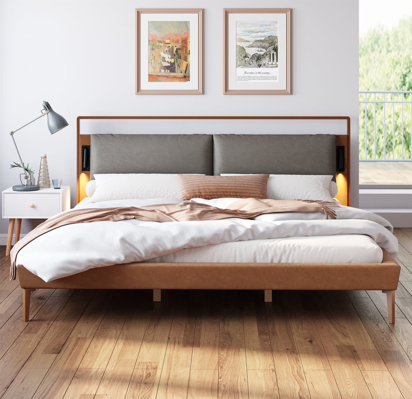 Brown&Gray Leather King Bed with 2pcs Night Lights