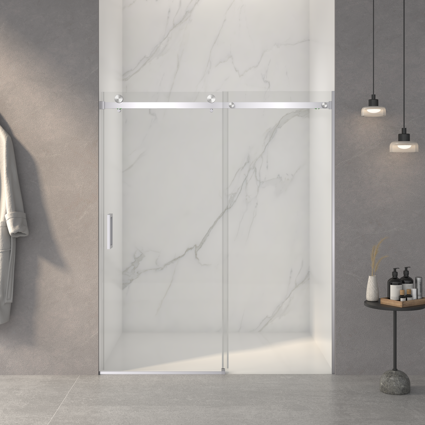 56-60'W x 72'H Frameless Sliding Shower Door,5/16' (8mm) Thick SGCC Tempered Clear Glass,Double Side Easy Clean Coat, Brushed Nickel Finished With Buffer