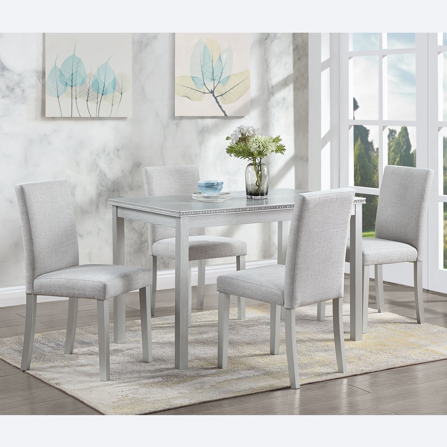 5 Piece Wooden Dining Table Set, Kitchen Table Set with a Rectangular Table and 4 Upholstered Chairs, Wooden Dining Room Table with Crystal Decoration and Chairs Set, Silver grey