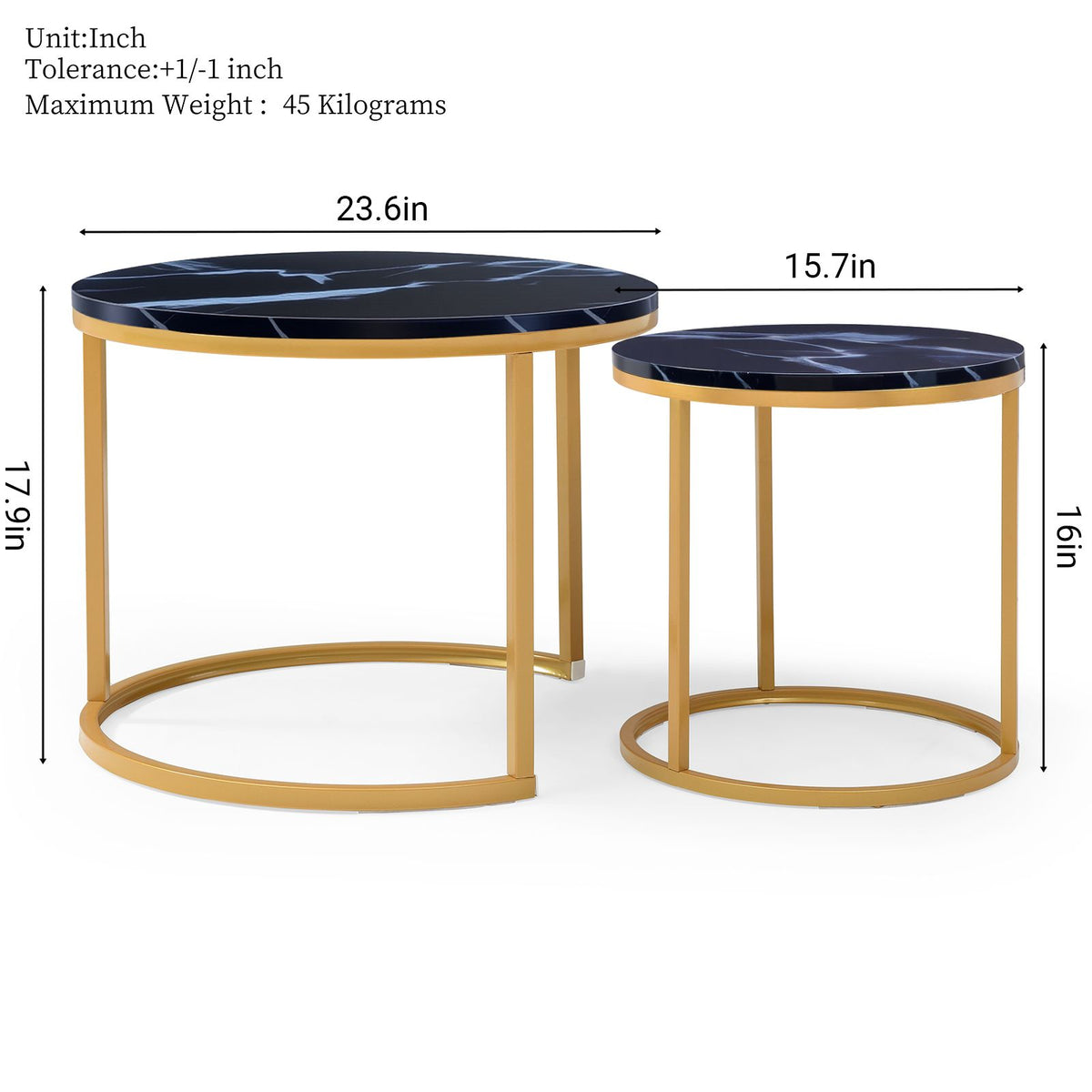 Set 2 Coffee Table Nesting Black top Golden Frame Circular Round and Marble Pattern Wooden Tables