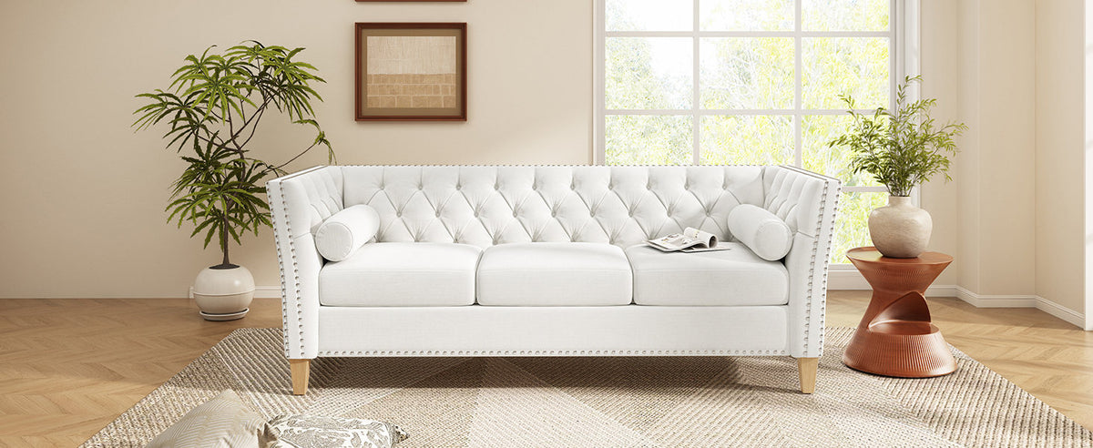 Elegant Transitional 3-Seat Sofa with Flared Arms, Nailhead Trim & Solid Wood Legs, Comfortable Couch