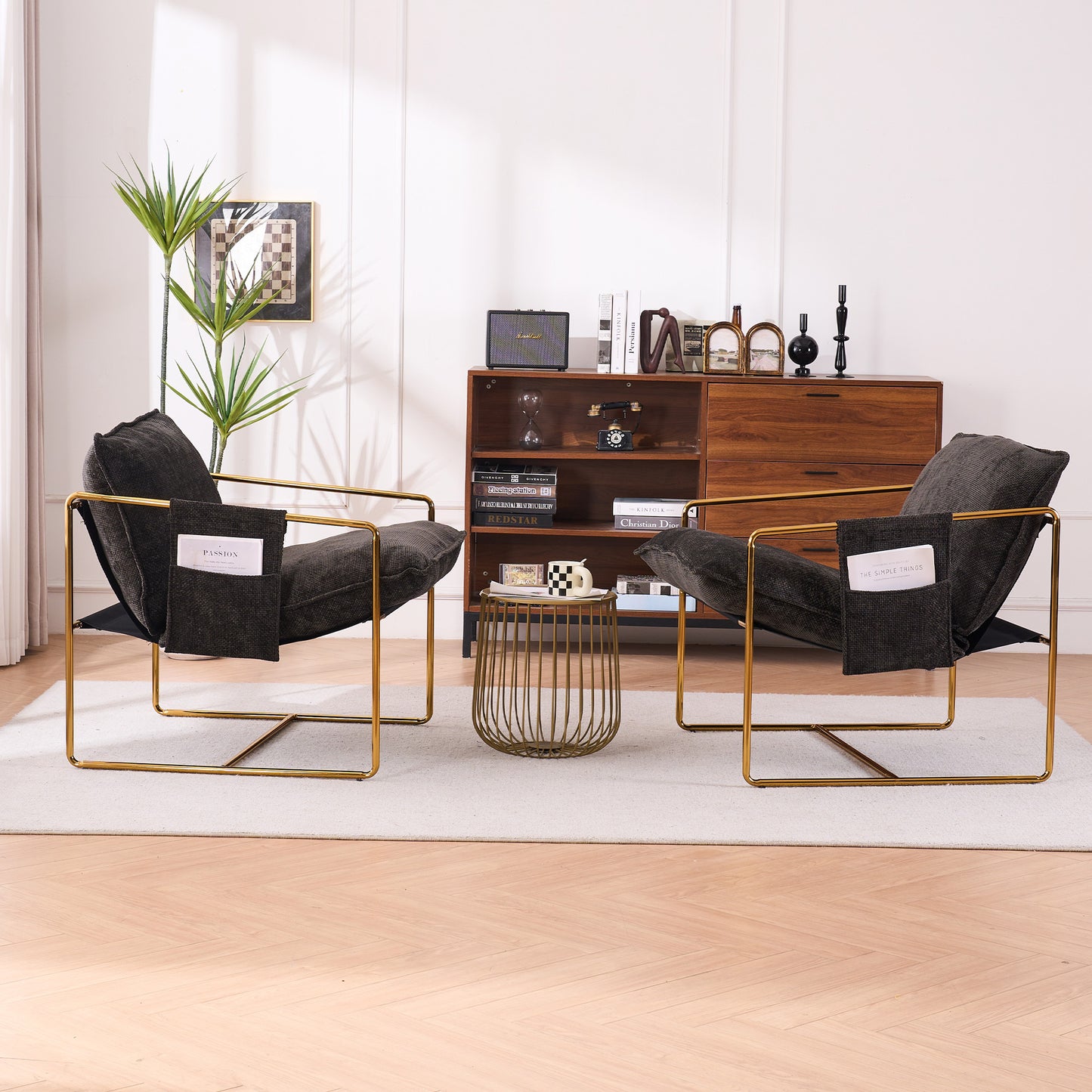 2 Chairs in 1 Box, Upholstered Hanging Armchair with Arm PocketsMetal frame, gold-plated craftsmanship, crushed foam cushions and skin-friendly woven fabric for living room and bedroom. Dark Gray