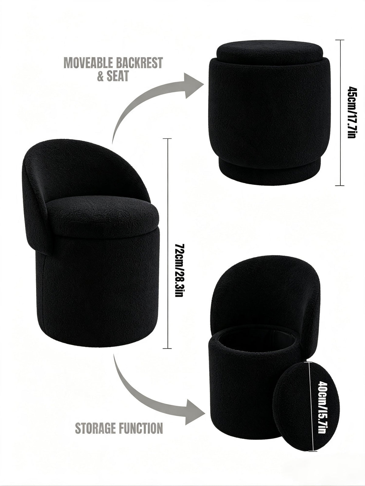 Makeup stool with Storage, Upholstered Vanity Stool with Foldable Backrest Modern Cylindrical Footrest Stool for Living Room Bedroom,Makeup Room, Dressing,Black