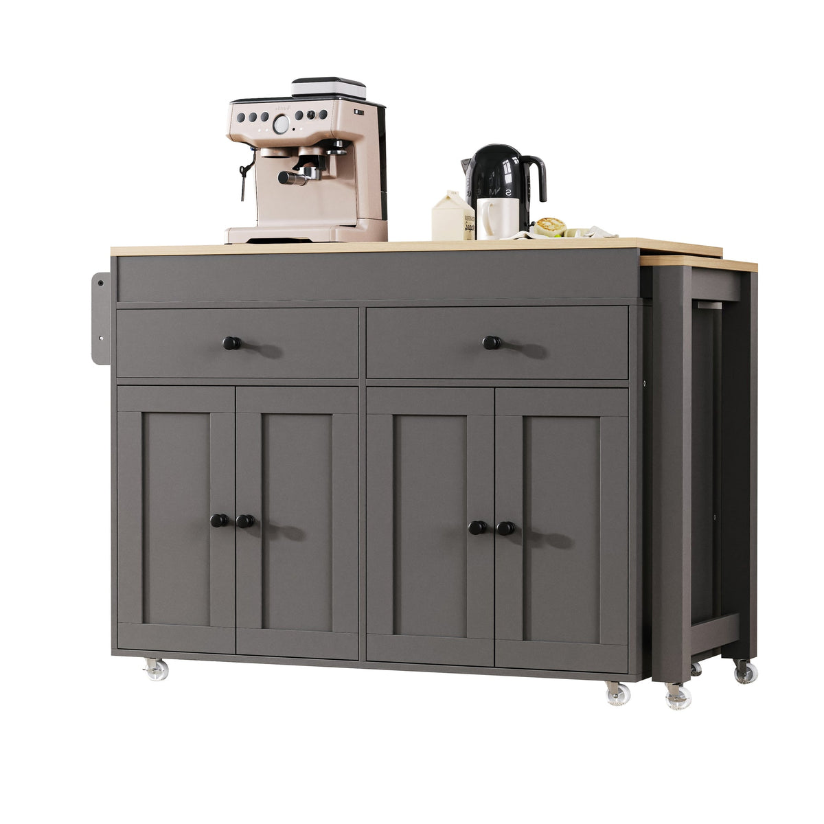 K&K 74.5 inch Kitchen Island with Extendable Dining Table, Rolling Kitchen Island on Wheels with Spice Rack and 2 Drawers, 4 Door Cabinet