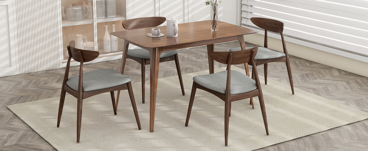 Set of 2 Retro Rubberwood Dining Chairs with Ergonomic Back & Plush Cushions in Walnut and Light Gray, Solid Rubberwood Frame with TSCA-Certified Foam Seats