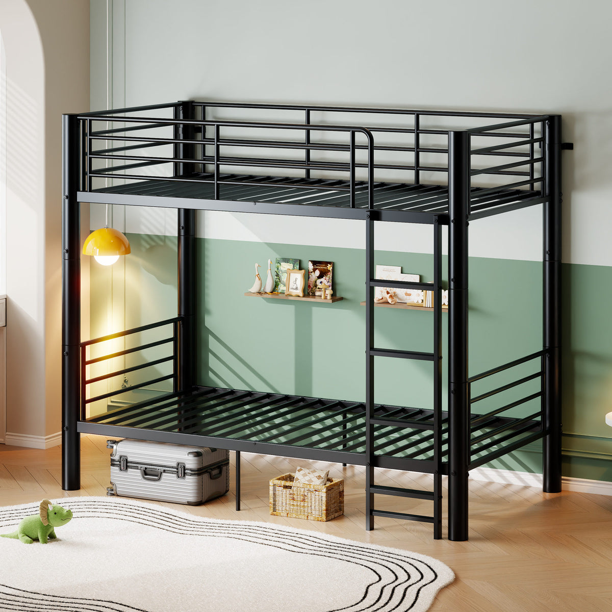 Metal Twin Over Twin Bunk Bed, Convertible into 2 Separate Twin Beds, 13.78" Full-Length Guardrails, Extra-Wide Ladder, Anti-Tip Brackets, Black Bunk Bed Frame for Kids, Teens & Adults