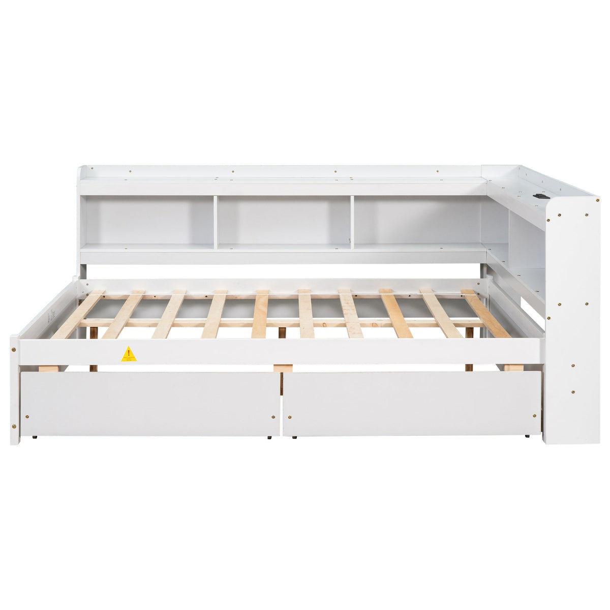 Full Size L-shaped Bookcases Bed with Power Outlets, USB Charging Ports, Two Drawers, Whtie