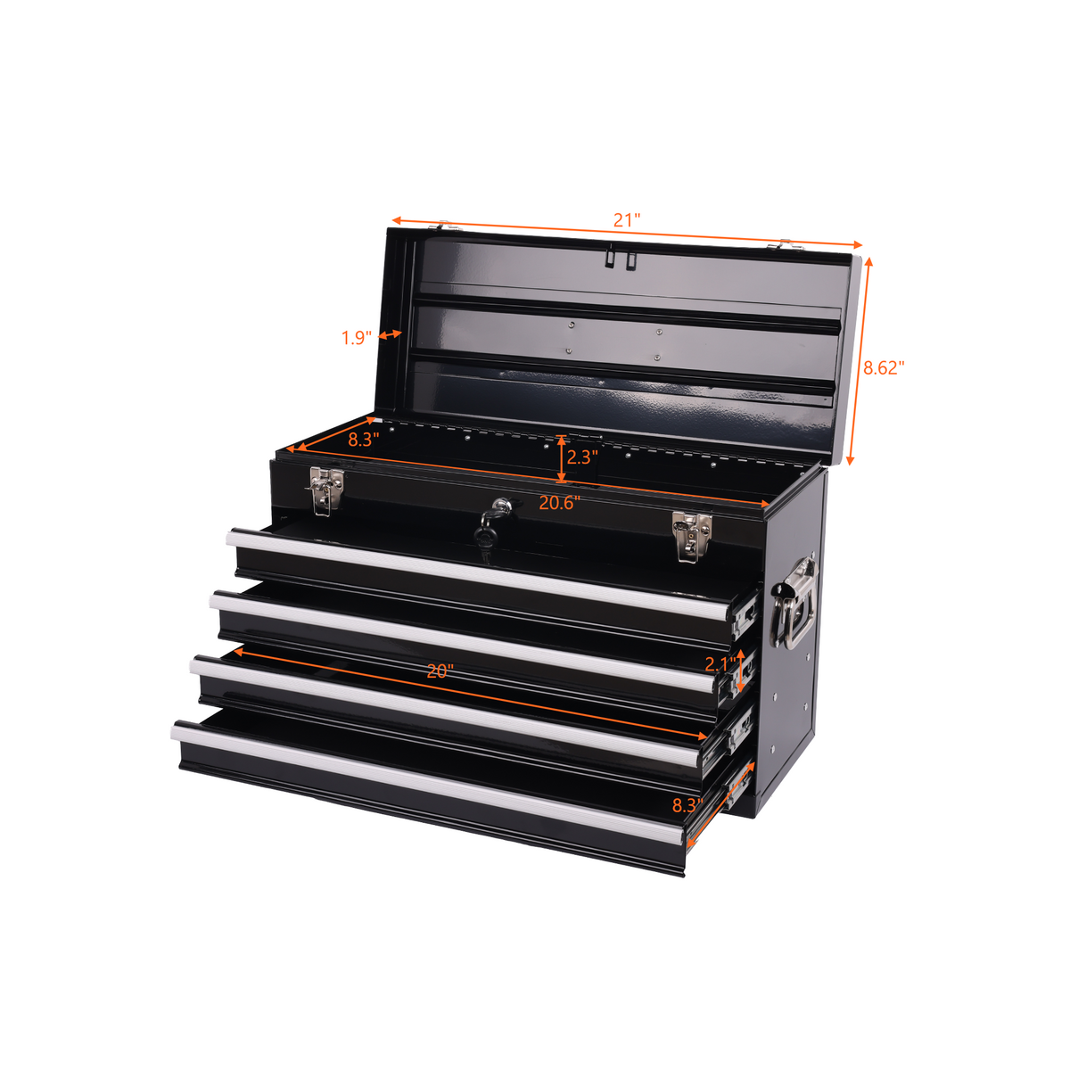 Heavy Duty Metal Tool Box, 21-inch, Portable Metal Tool Box with 4 Drawers, Small Tool Chest with EVA Liners – Model W2660P310479