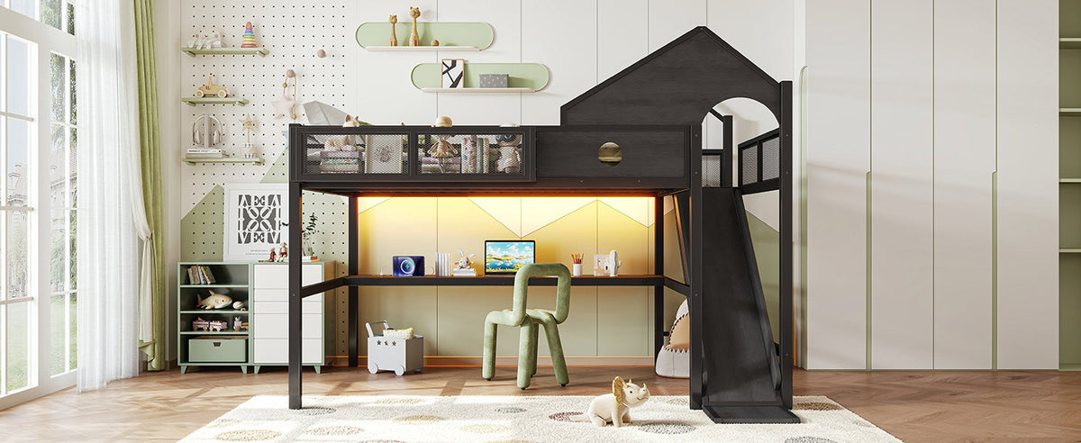 Queen Size Multifunctional Loft Bed with Slide, Desk,and Storage Shelves, Metal Loft Bed Frame With USB Ports And Led Lights, Triangular Geometry House Design, Black