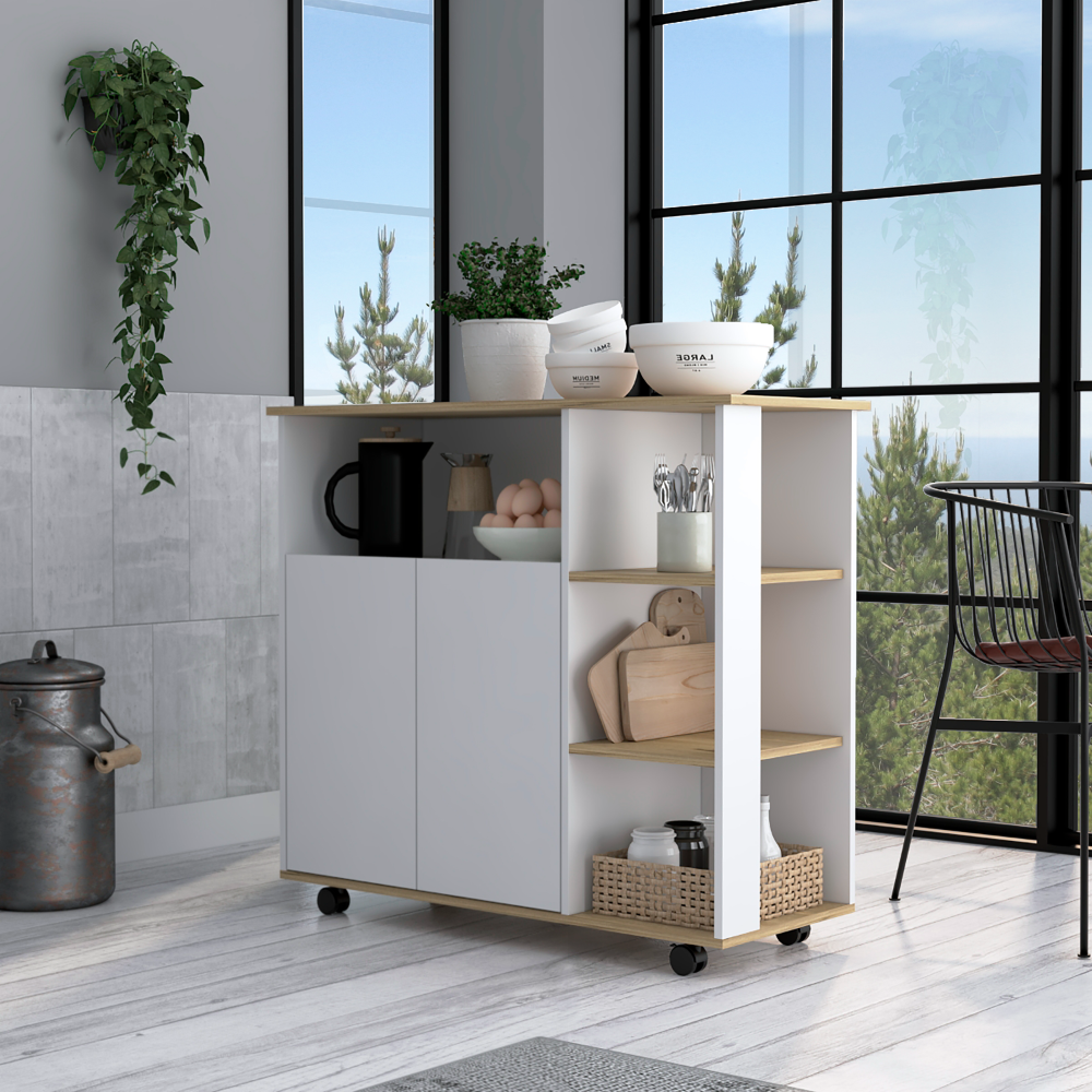 Kitchen Cart 35' H, Four Open Shelves, Double Door Cabinet, Four Casters - Light Oak/White