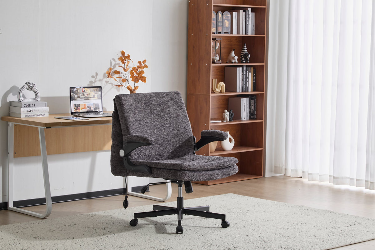 Criss Cross Legged Office Chair with Flip-Up Back Built-In Dynamic Airbag Lumbar Support, Wide Seat Desk Chair with Flip-Up Arms and Wheels, Modern Cross-Leg Chair for Home Office, Vanity,Gray.