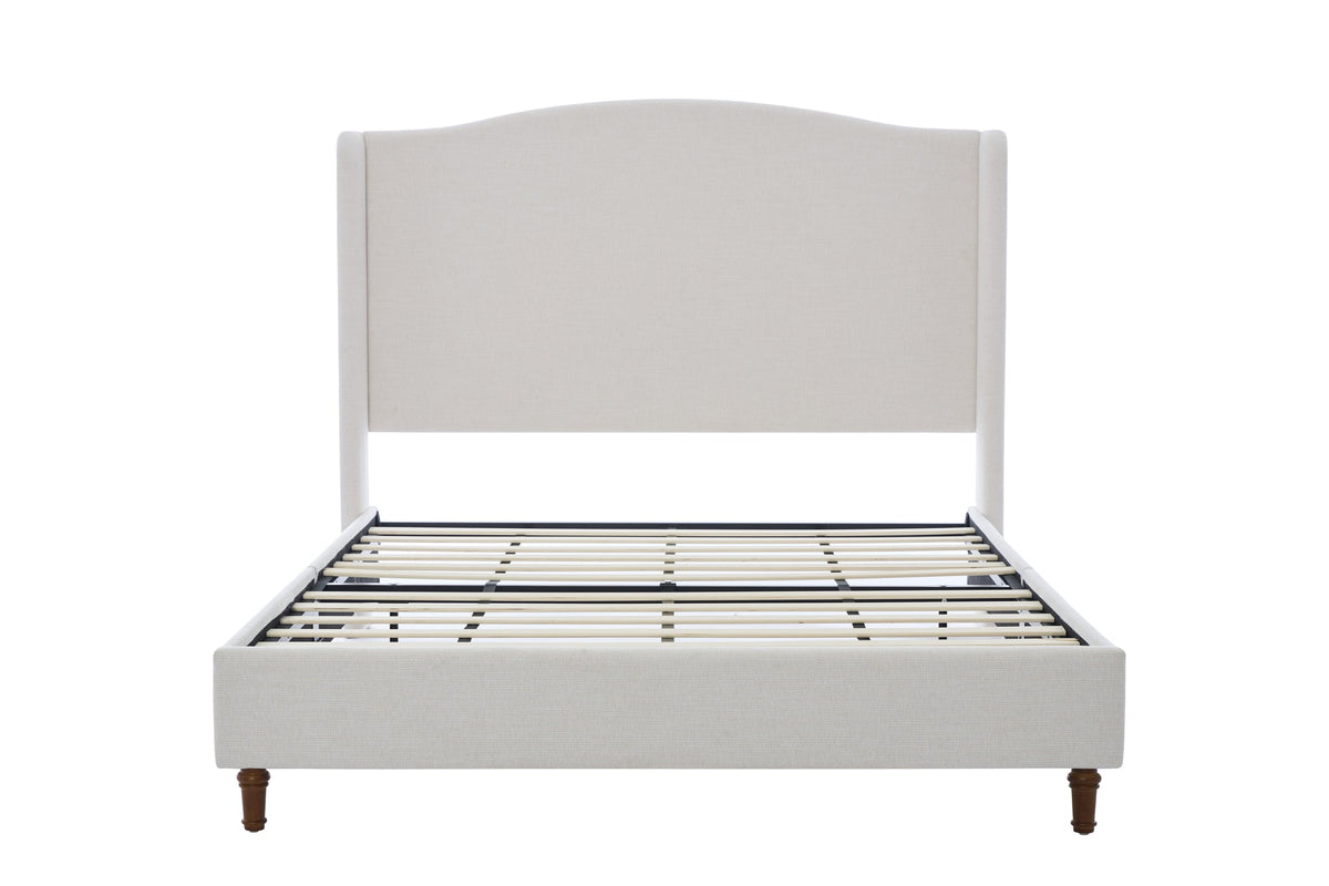 Hannah Upholstered Wingback Bed Size Full / Tall 54" Headboard Upholstered Full Bed / Premium Textured Canvas Chenille Look Ivory / Minimalist Designs / No Box Spring Needed / Easy Assembly / Full