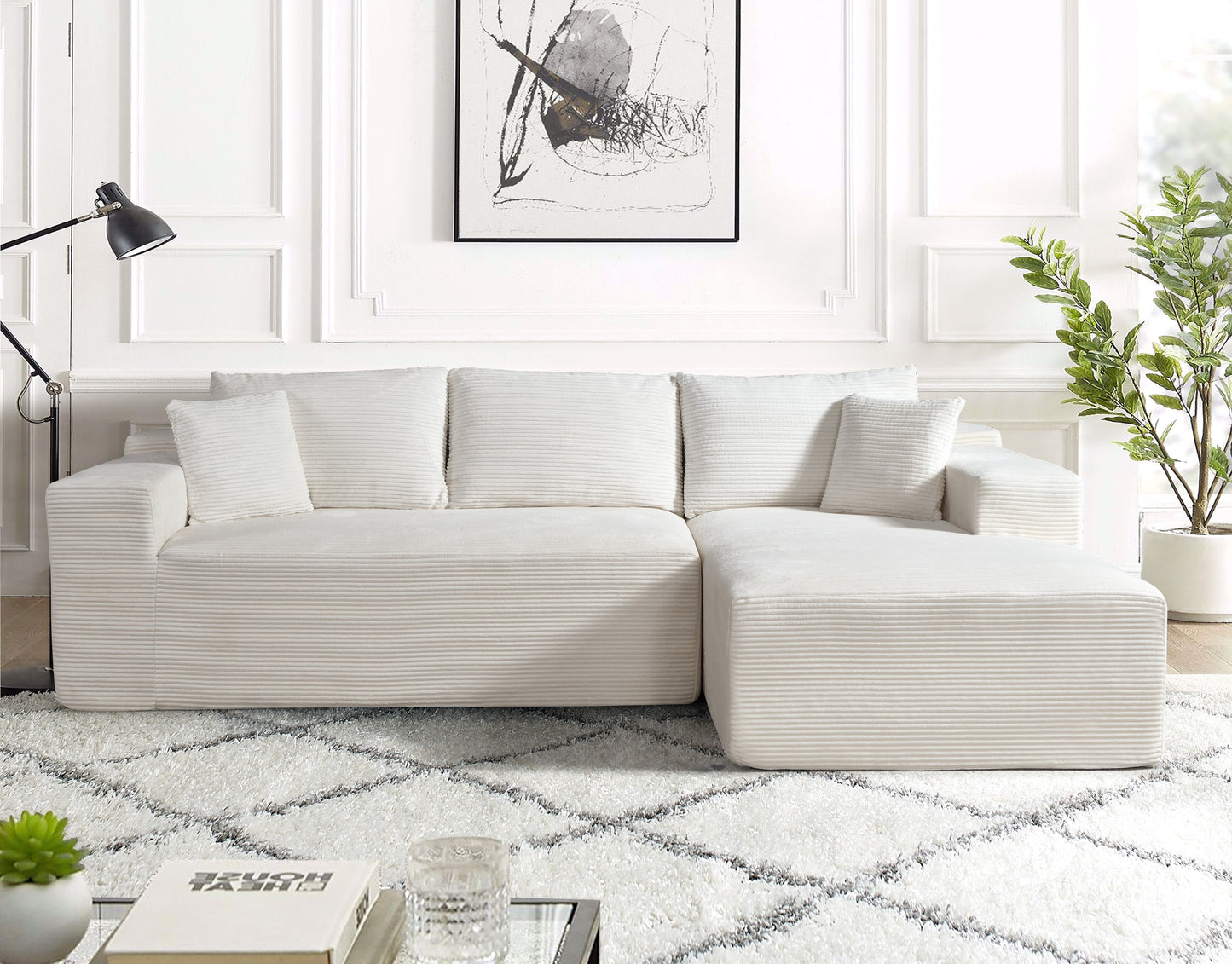 2-Piece Convertible Corduroy L-Shaped Sofa in a Box with Pillows, 3-Seater Modular Sectional Couch, Compressed Living Room Furniture, Beige (Right Facing)