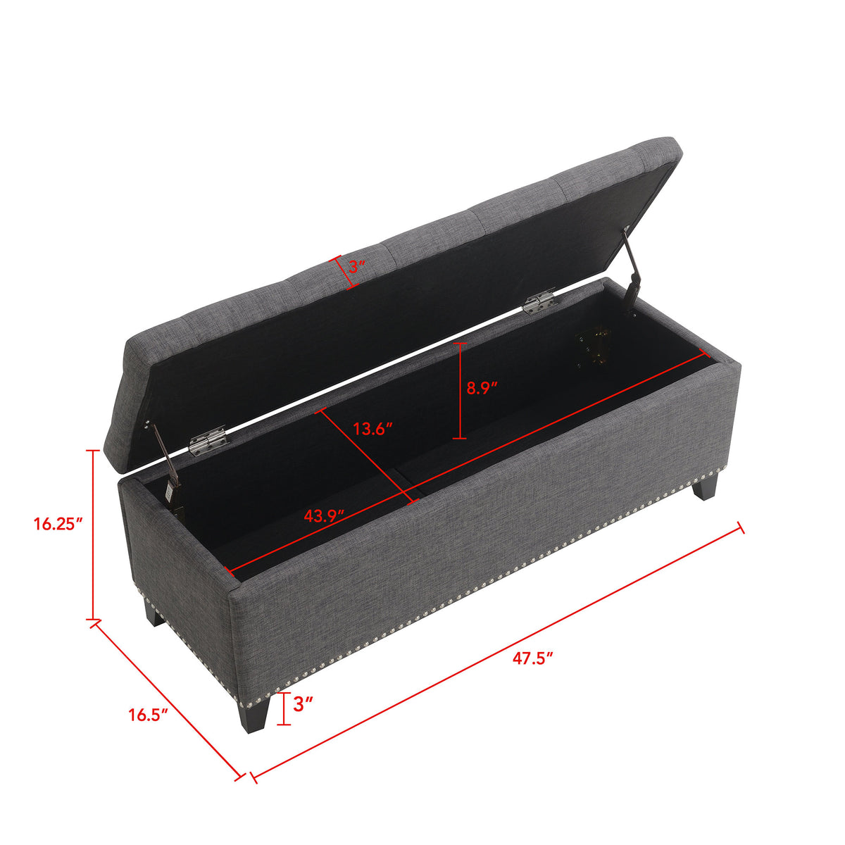 Dark Grey Linen Button-Tufted Storage Ottoman with Safety Close Hinge, 47.5" x 16.5" x 16.25", Plywood Construction