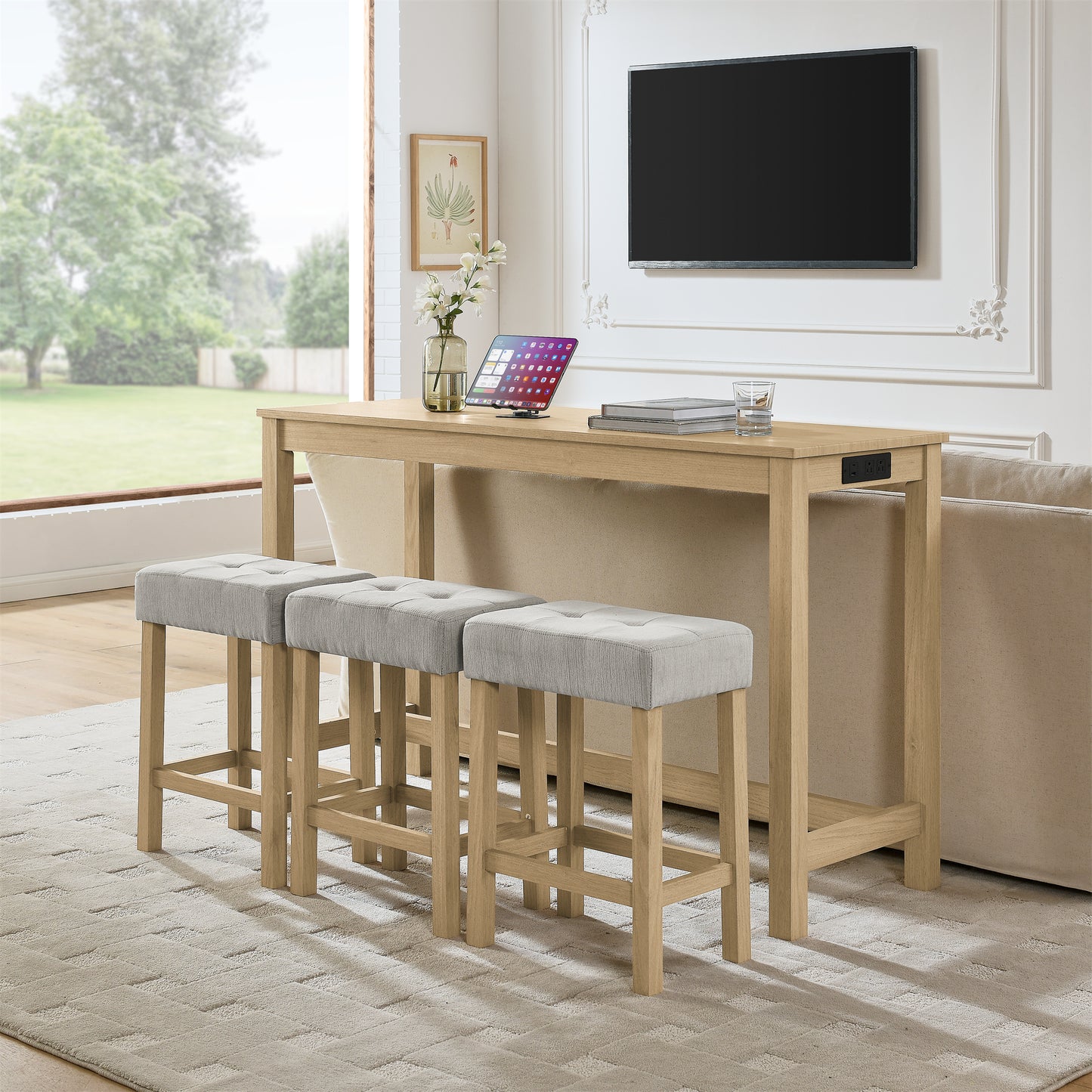 59 Inch Bar Table, Dining Table, Sofa Table with Power Outlet, 3 Upholstered Stools, 4 Piece Bar Table and Chair Set for Living Room, Dining Room, Kitchen