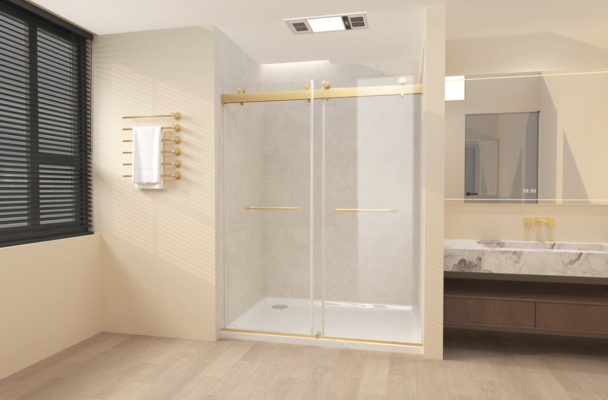 Frameless Sliding Glass Shower Doors 56-60" Width x 76"Height with 3/8"(10mm) Clear Tempered Glass, Brushed Gold