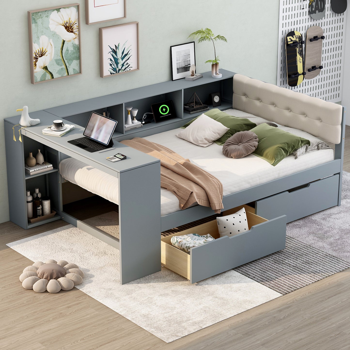 Wood Full Size Platform Bed with Storage Shelves, Drawers, Charging Station and Upholstered Headboard, Gray