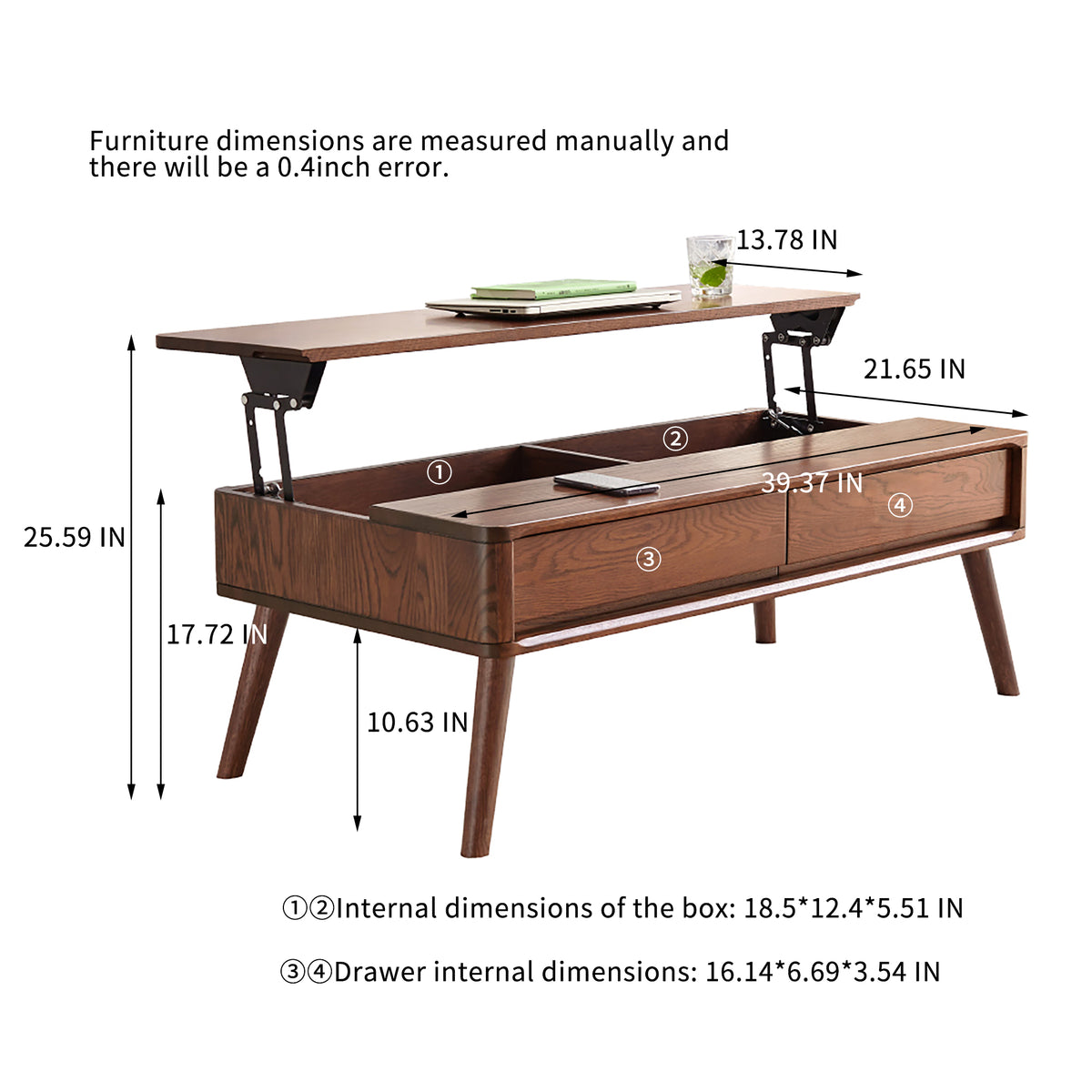 Elevating Center Table Low Table 100% Solid Oak Wood Top Plate Desk Coffee Table Width 100 x Depth 60 x Height 45 cm Study Desk Work From Home Easy To Assemble Walnut Color Wood With Storage Shelf
