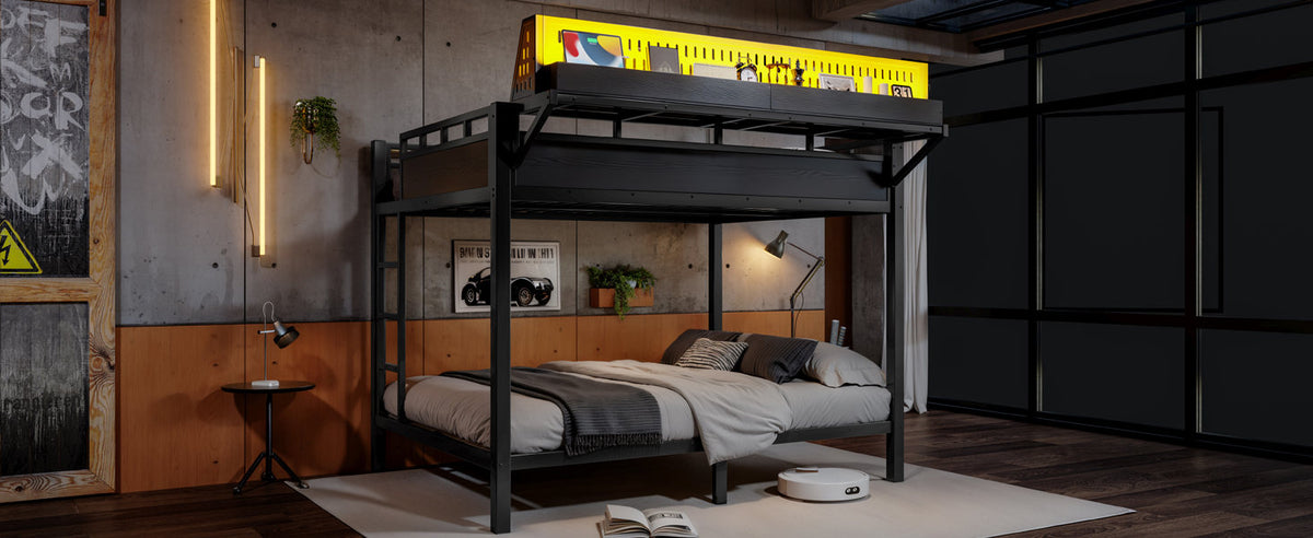 Queen over Queen Size Metal Bunk Bed with Storage Shelves and Pegboard, Bunk Bed Frame with USB Ports and LED Lights, Space-Saving, for Teens and Adults, Black