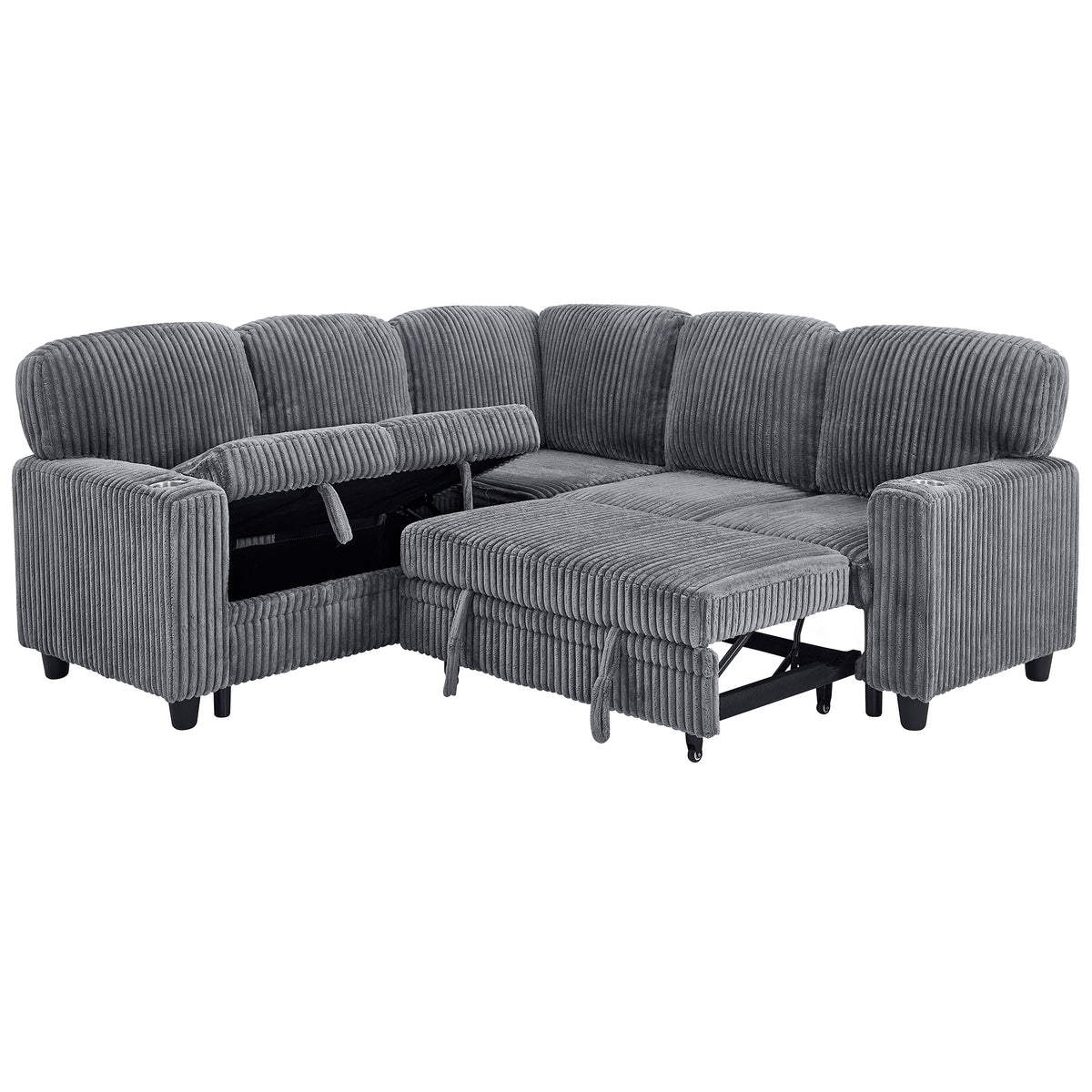 L-Shaped Sectional Sofa Bed with Pull-Out Bed & Storage, 5-Seat Sleeper Couch with USB Charging, Convertible Design, Corduroy Fabric, Grey