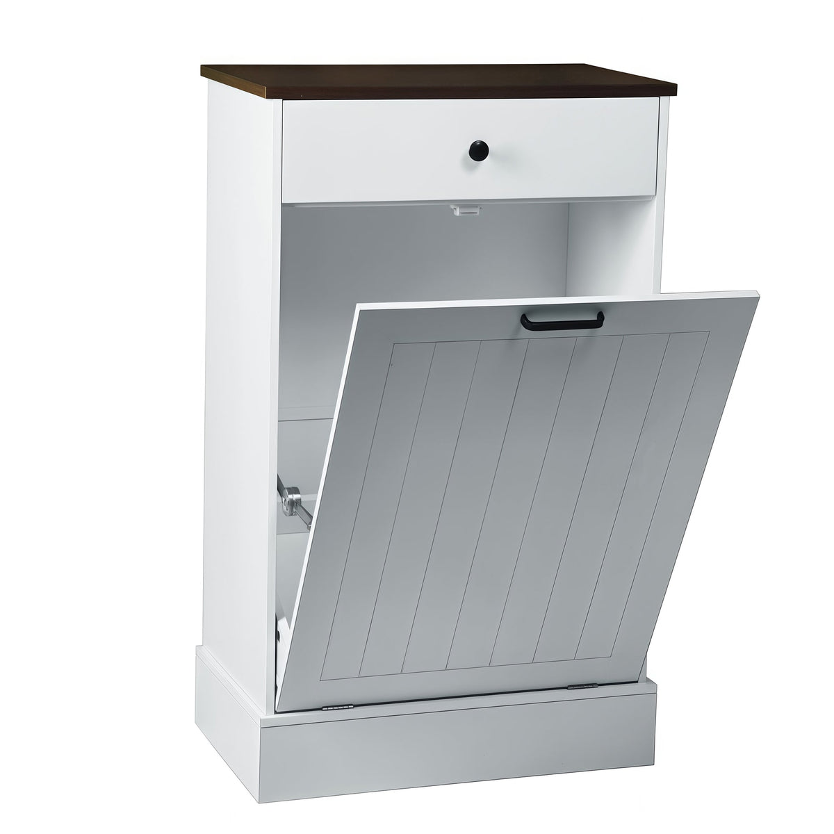 Tilt Out Trash Cabinet with Drawer, 10 Gallon Farmhouse Hamper, White MDF