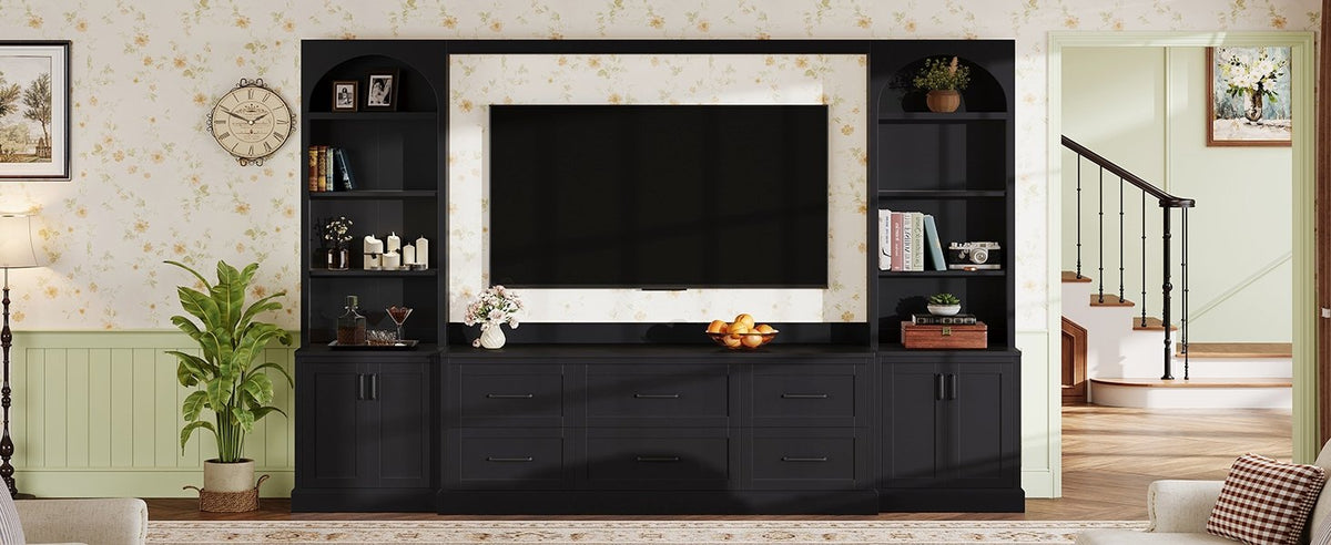 Modern Arched Entertainment Center Wall Unit with 6 Drawers, Farmhouse Large TV Stand with Bookshelves for TVs Up to 70', All-in-One Media Console with Adjustable Shelves for Living Room, Black
