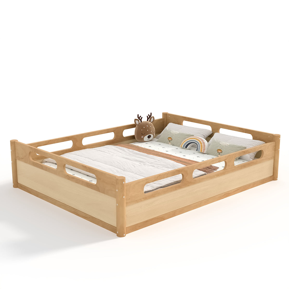 Queen Size Floor Platform Bed with Full-length Guardrails, Low Profile Queen Bed Frame, No Box Spring Needed, Natural