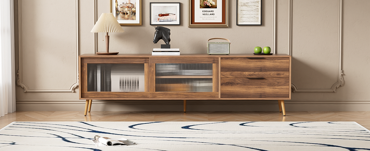 Modern TV Stand for 75'+ TV, TV Console with 2 Glass Doors, Entertainment Center with 2 Drawers & Storage Cabinet, 70" Media Console Table