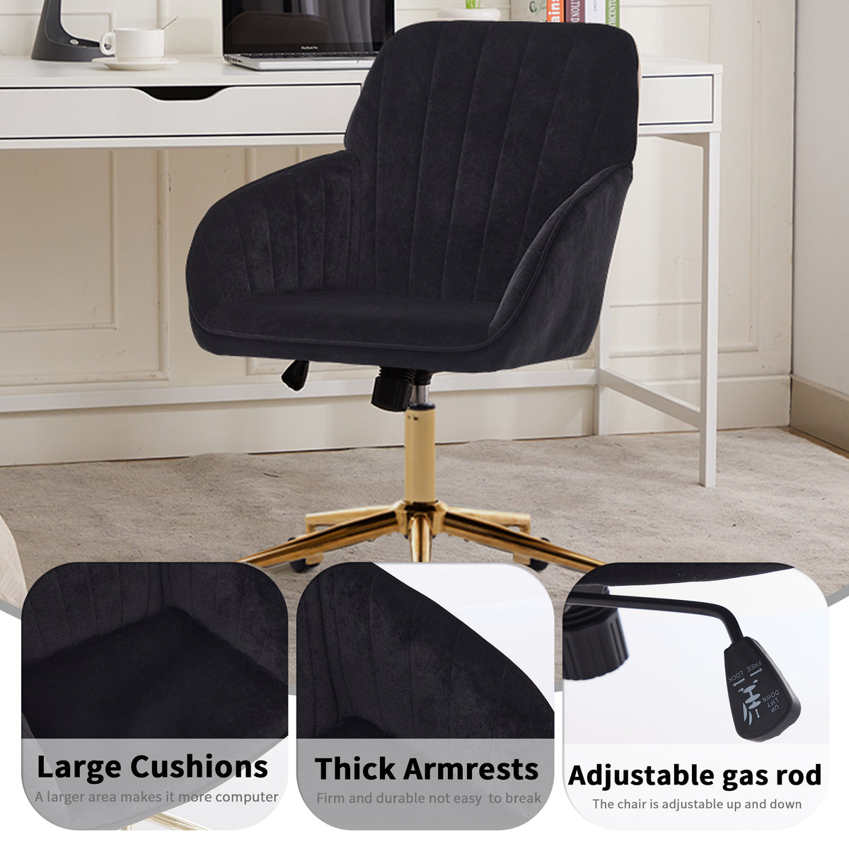 TY Adjustable Office Chair, Ergonomic Swivel Chair, Black Velvet, Comfortable for Long Sitting
