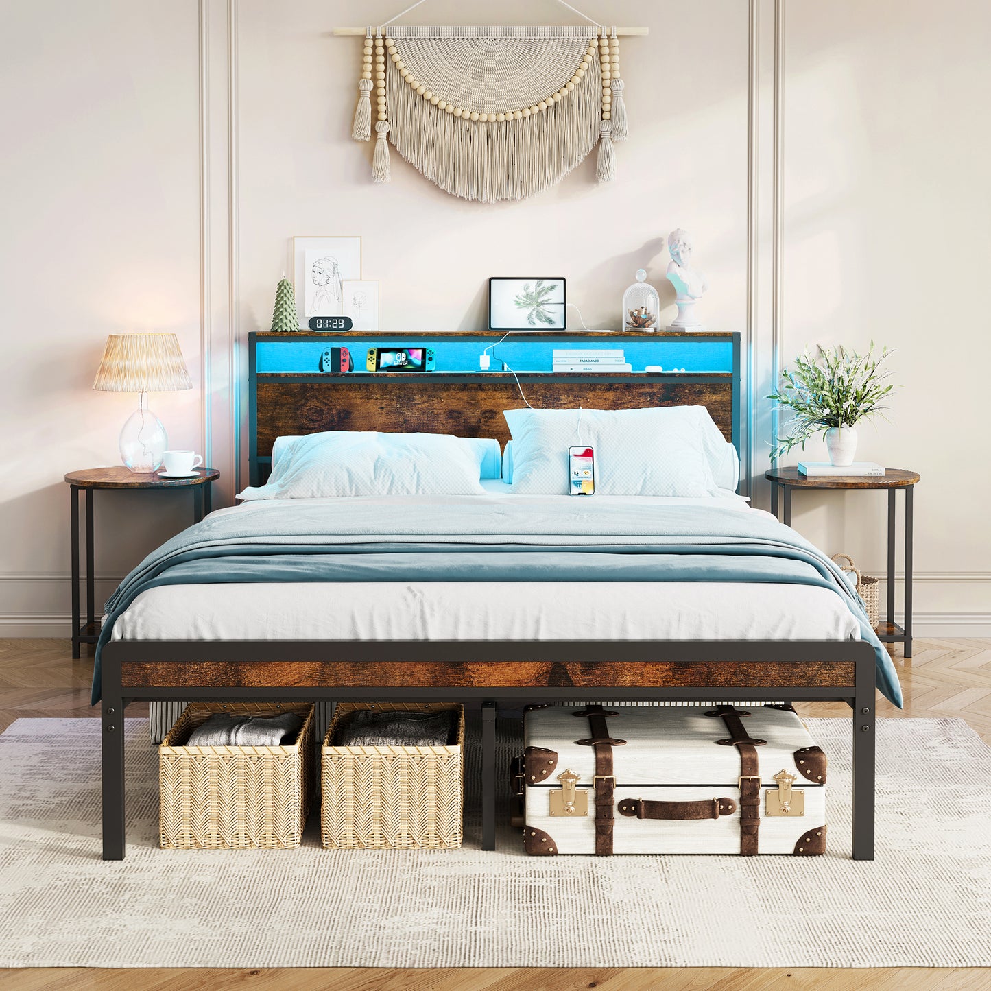 Full Size Metal Bed Frame with Headboard and Footboard, LED Lighting, Black Heavy Duty Mattress Foundation with Steel Slat Support, Noise Free,81.73'L x 54.13'W x 38.96'H