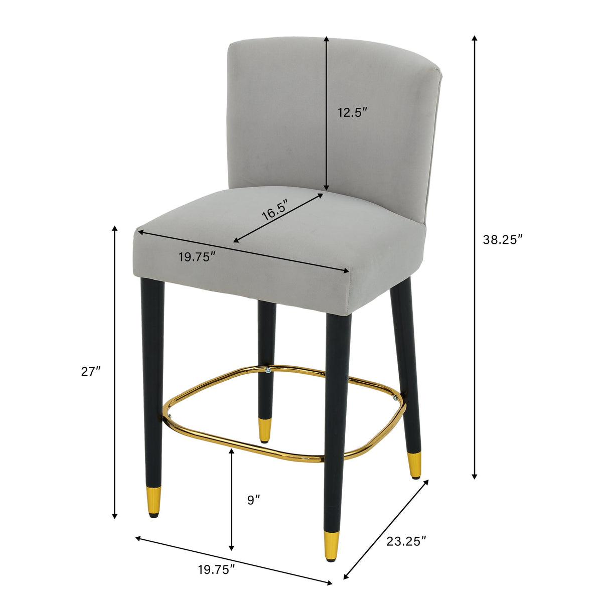27inch-counterstool, modern design with a smooth, light - colored fabric and circular footrest with a gold - colored finish