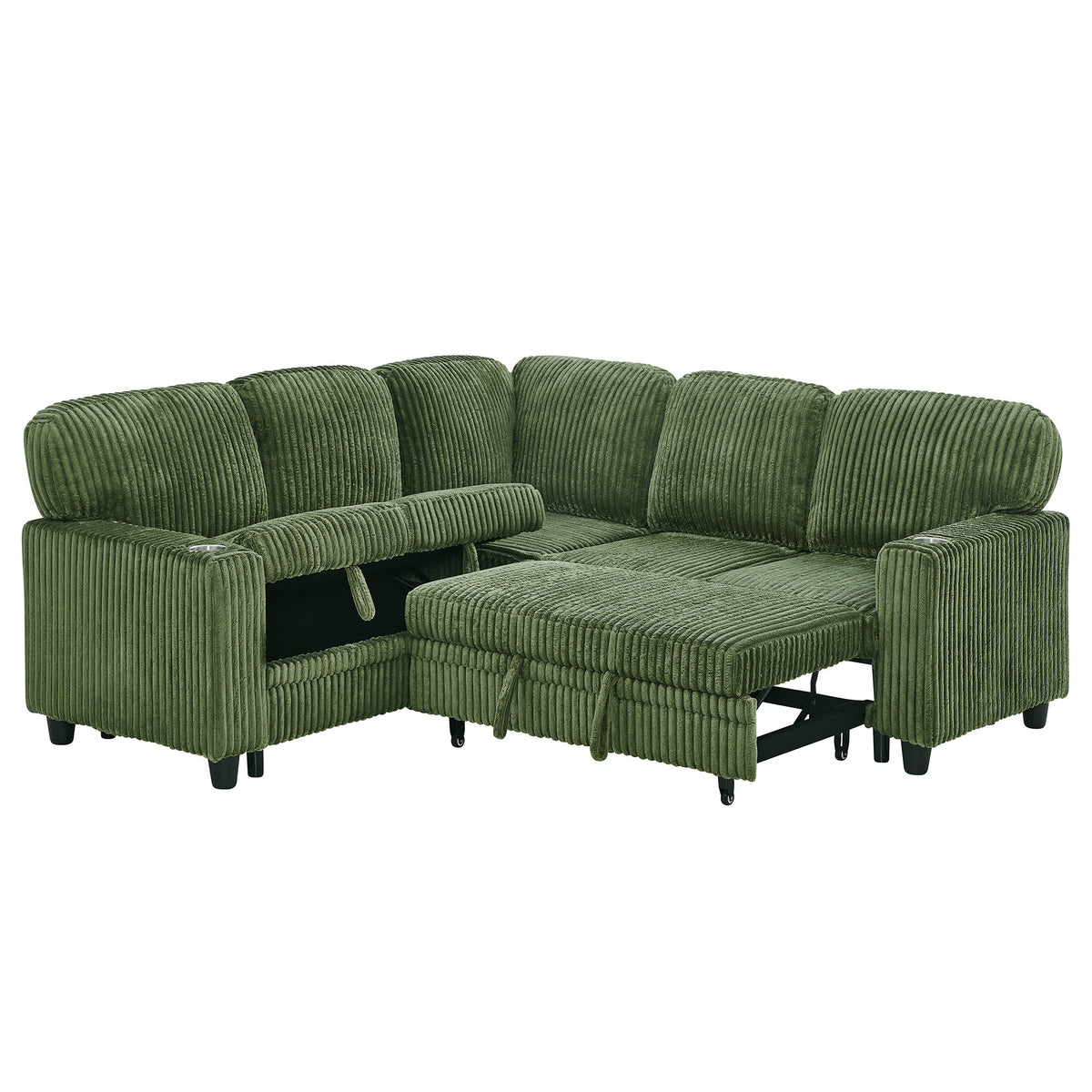 L-Shaped Sectional Sofa Bed with Pull-Out Bed & Storage, 5-Seat Sleeper Couch with USB Charging, Convertible Design, Corduroy Fabric