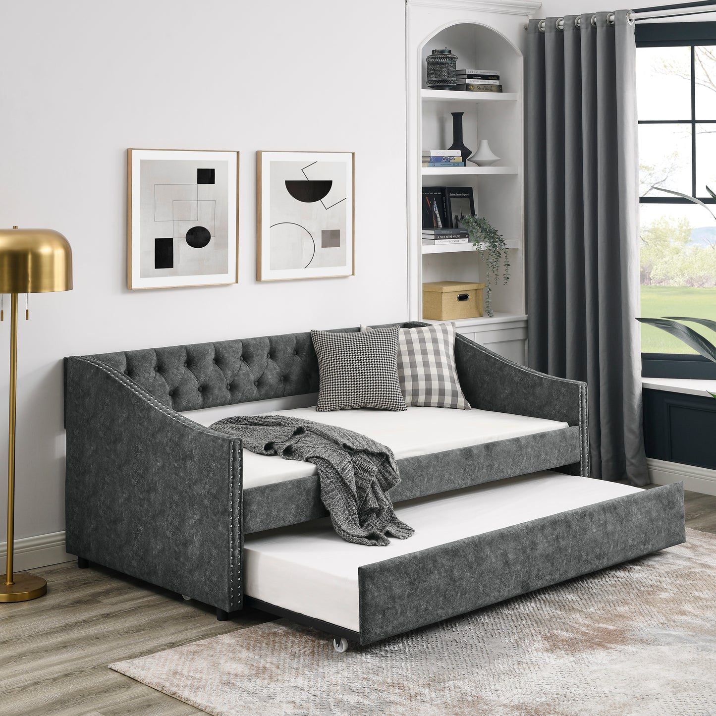 Twin Size Daybed with Twin Size Trundle Upholstered Tufted Sofa Bed, with Button on Back and Copper Nail on Waved Shape Arms, Grey (80.5'x41'x30.5')