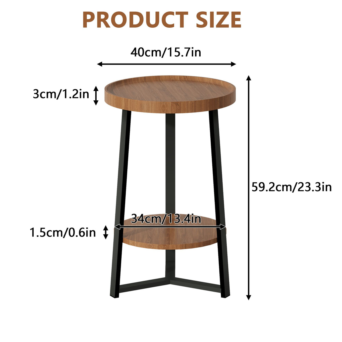 End Table with Storage, 2-Tier Small Round Side Table, Farmhouse Accent Table & Nightstand for Living Room, Bedroom & Small Spaces, Wood Top, Black Metal Frame, Brown