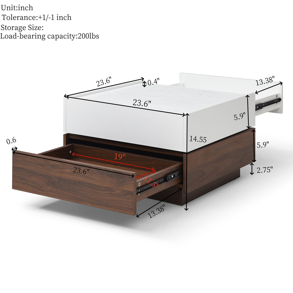 Rotating Coffee Table with 2 Drawers, High wood 2-Tier Center Table with Storage, Square Coffee Table with Swivel Tabletop for Living Room (white and Walnut )