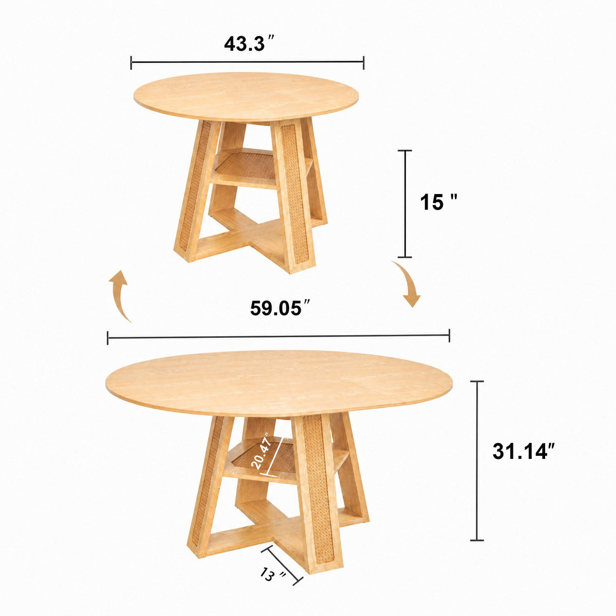 43.3'-59.05' Extendable Round Dining Table for 4-6, Round-to-Oval Kitchen Table with Removable Extension Leaf, Cross-Shaped Base and Storage Shelf, Natural