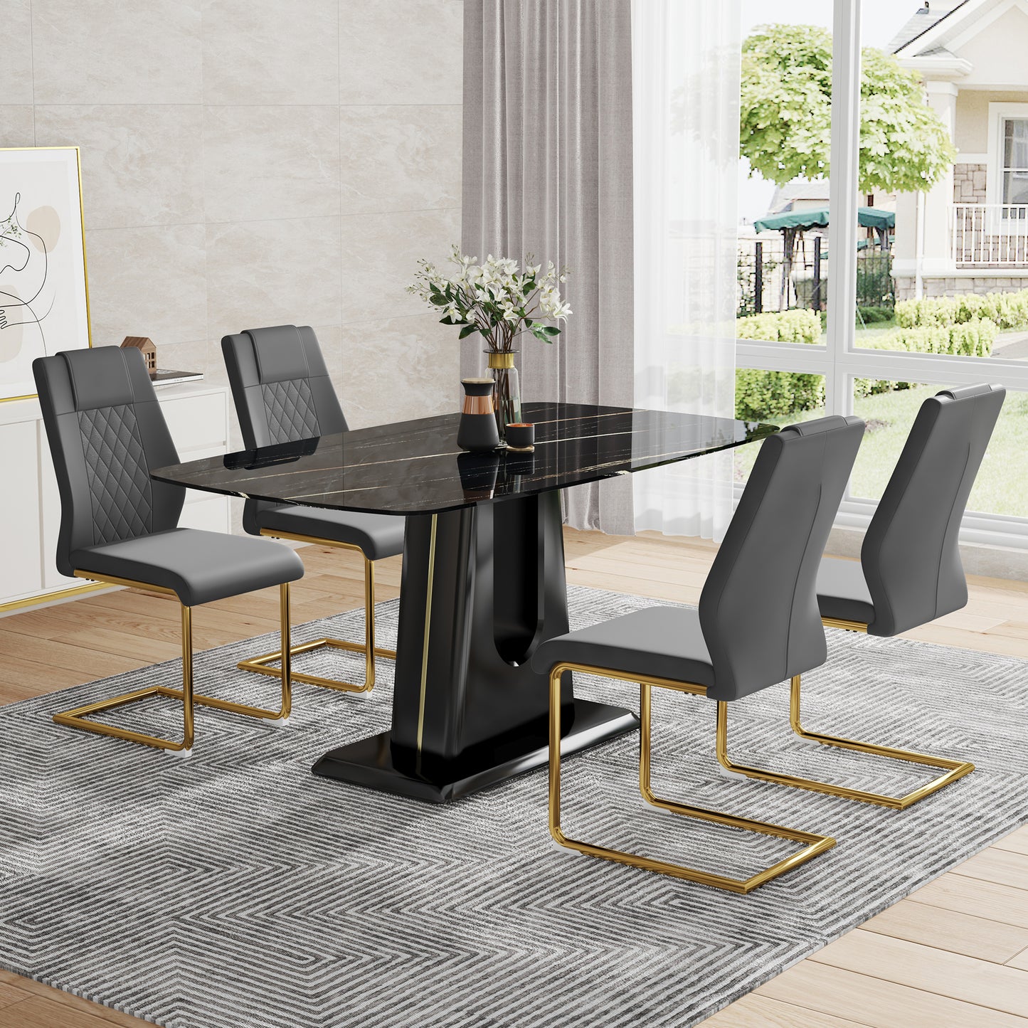 Table and chair set, minimalist dining table, imitation marble patterned glass tabletop, MDF legs with U-shaped brackets. Paired with comfortable chairs, suitable for dining and living rooms.