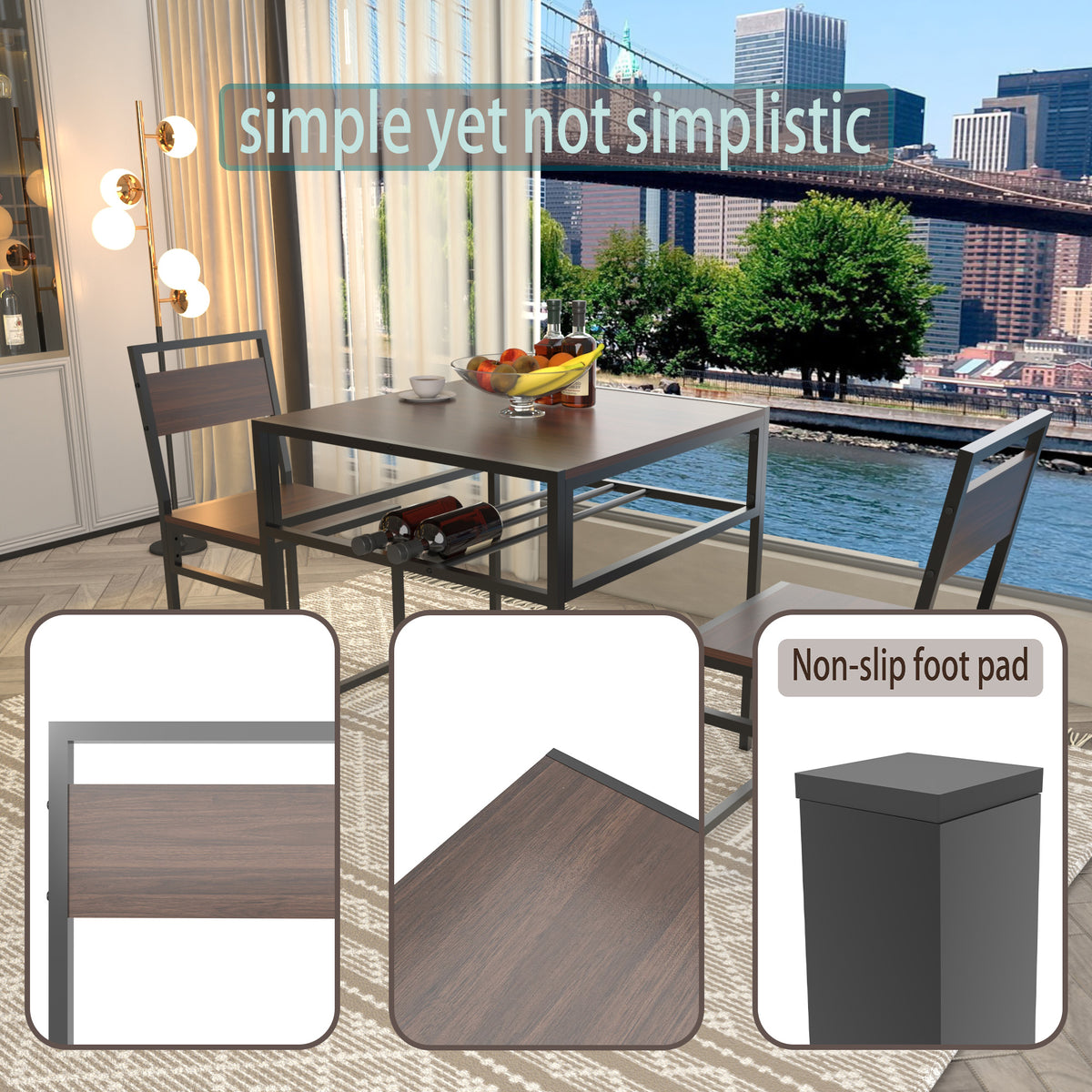 Industrial Dining Table Set with 2 Chairs, Small Square Kitchen Table with Storage Rack for Small Space Apartment