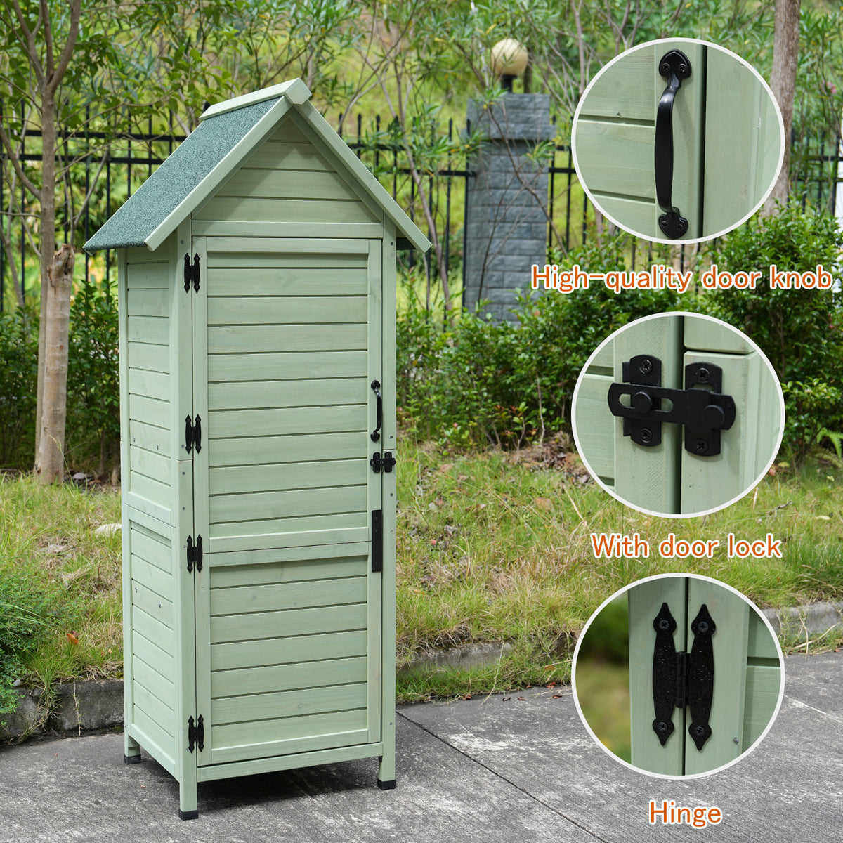 Outdoor Wooden Storage Shed, Tall Narrow Garden Tool Cabinet with Lockable Door & 2 Shelves, Waterproof Asphalt Roof, Vertical Tool Organizer for Patio, Backyard, Lawn