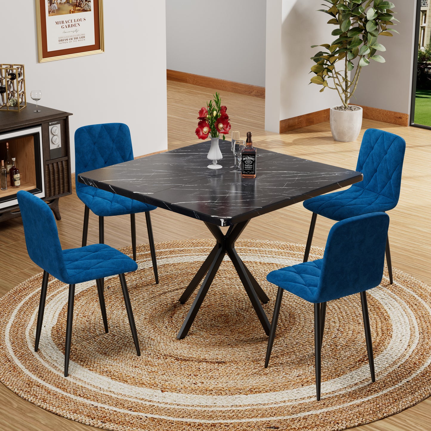 Square Dining Table Set, Mid Century Modern Square Dining Table for 4 Person, Faux Marble Tabletop, Iron Legs, Coffee Table for Kitchen Dining Room, Office, Save Space