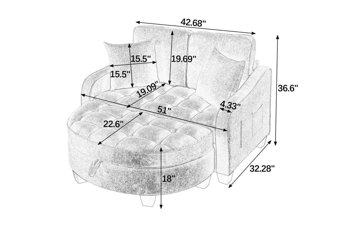 Two-seater sofa, double sofa chaise longue, with irregular armrests and backrests, footrest with storage space – Brown