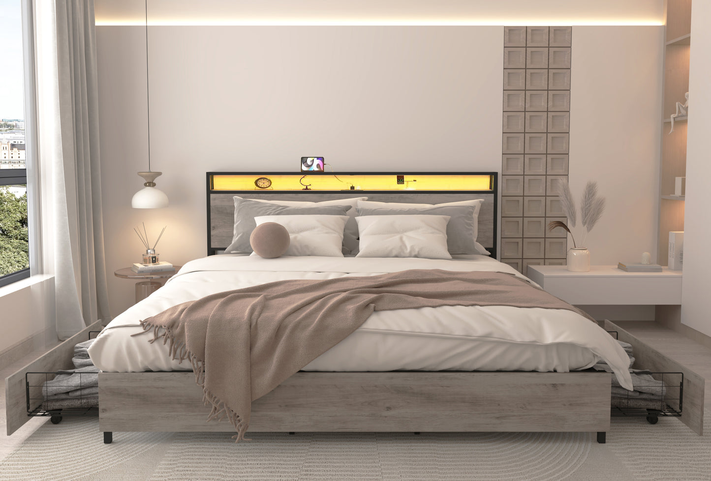 King Bed Frame, Storage Headboard with Charging Station, Solid and Stable, Noise Free, No Box Spring Needed, Easy Assembly