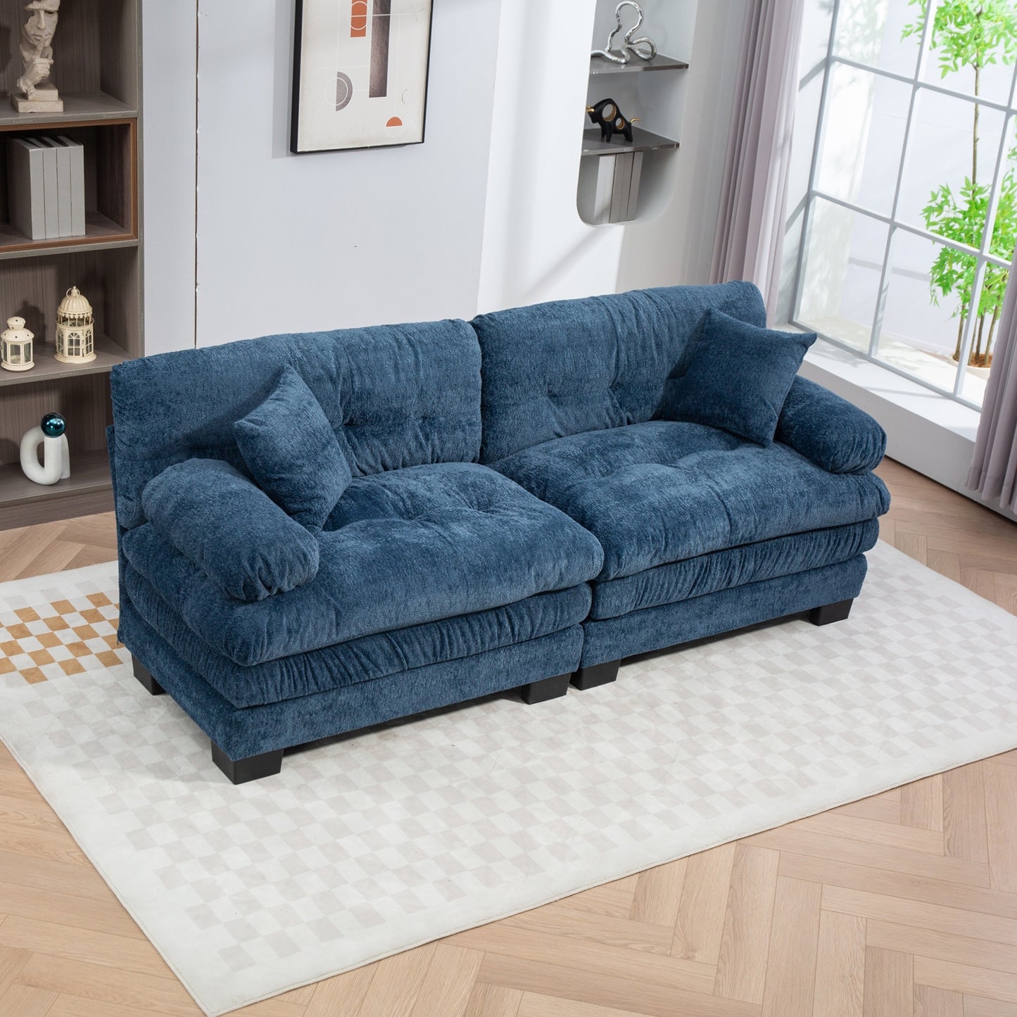 Two-seat Sectional Sofa Modular Deep Seat Sofa Couch Chenille Sofa Sleeper Comfy Upholstered Furniture for Living Room Apartment Studio Office-Blue
