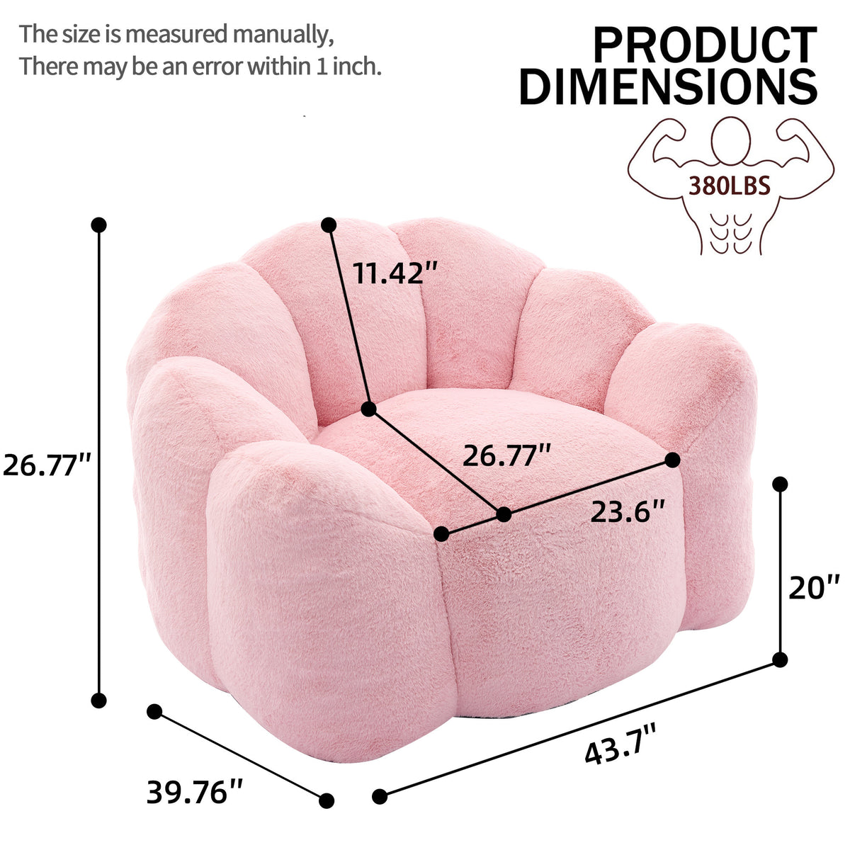 Lotus Style Compression Sofa Adult Bean Bag with Pull Ring in Pink Plush, 43.7 x 39.76 x 26.77 inches, No Installation Required