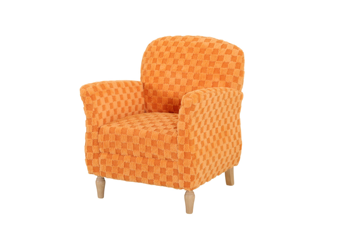 Checkered Corduroy Accent Armchair, Plush Checkerboard Upholstered Single Sofa Chair with Solid Wood Legs, Comfort Upholstered Side Chair, Available in Beige, Orange & Gray for Living Room and Bedroom