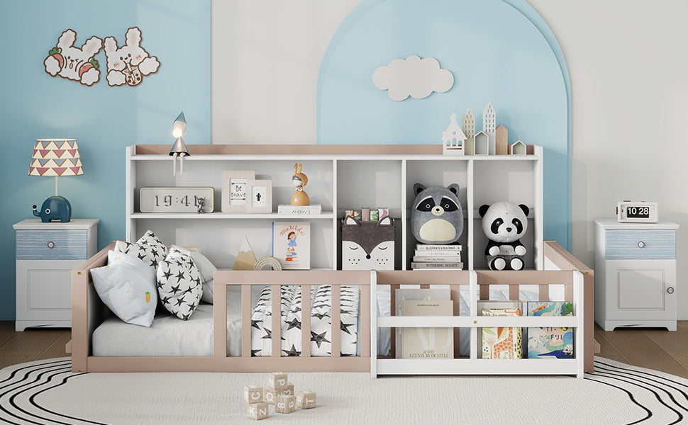 Twin Size Kids Wooden Platform Bed Frame with Guardrail Fence, Side Storage Shelves & Book Shelf, Space Saving Floor Bed,Nude and White