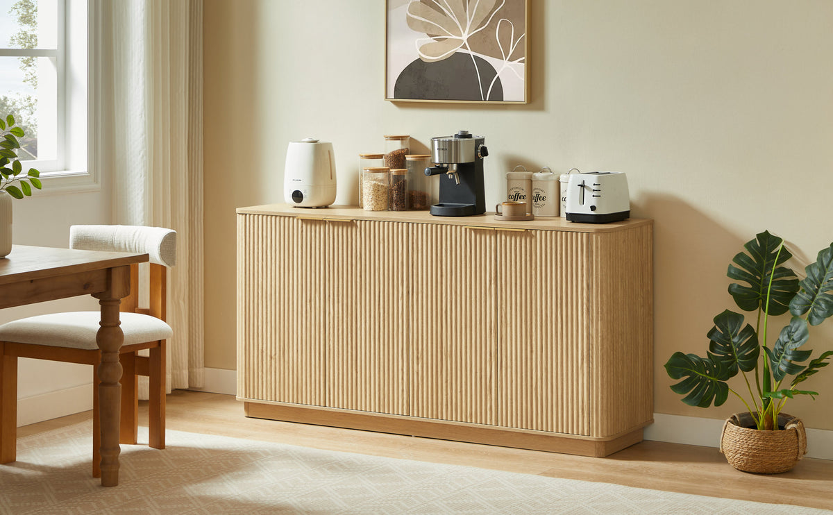 63" Vertical Stripe Buffet Cabinet Sideboard with stoarge, Curved wave Design, TV Stand, Oak, 63''W x 15.75''D x 31.5''H.