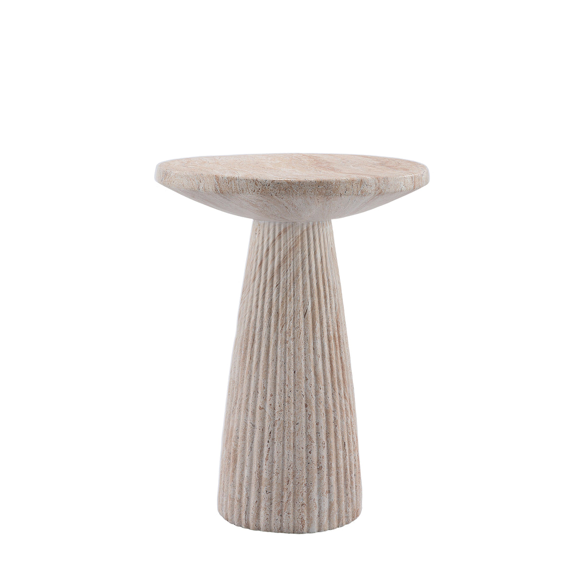 Fluted Pedestal Round Coffee Table, MgO Faux Travertine Accent Coffee Table, Indoor & Outdoor Decorative Table for Living Room Backyard Patio, Top Dia 17.91" x H 24.02"