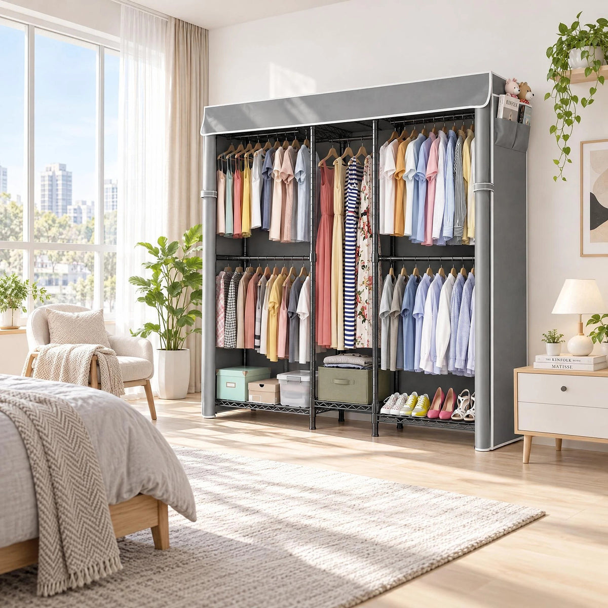 Heavy Duty Closet Organizer System, Freestanding Clothing Rack with Shelves, Adjustable Garment Rack with Grey Cover & Side Pocket, Portable Closets for Hanging Clothes, 72.8''×17.7''D×76.77''H, Black